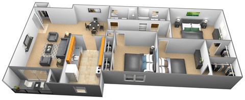 3 bedroom 2 bathroom 3D floor plan at Woodridge Apartments in Randallstown, Maryland
